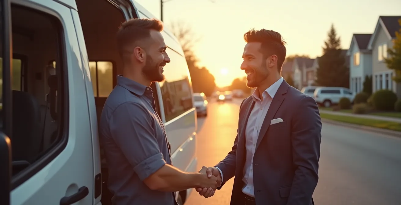 Discussion professionnelle entre client et mécanicien mobile sur site