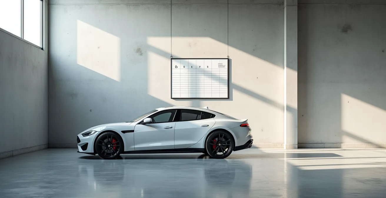 Vue environnementale d'un véhicule entretenu dans un espace épuré