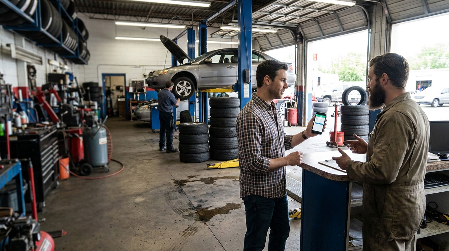 Interface de sélection de pneumatiques en ligne avec options de recherche et liste de garages partenaires