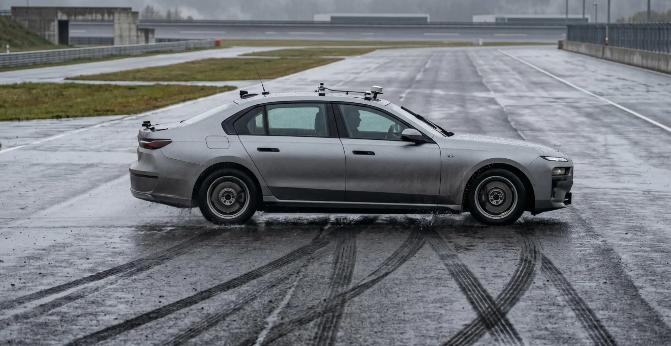 Piste d'essai mouillée avec marques de freinage nettes montrant l'efficacité des pneumatiques lors des tests